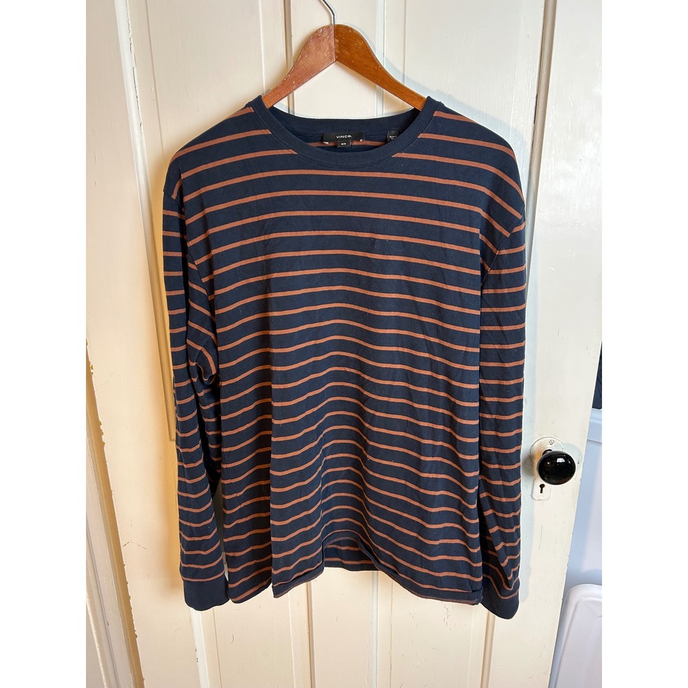Vince Mens Striped Long Sleeve Cotton Crewneck Tee Navy Rust M97239670A Size M